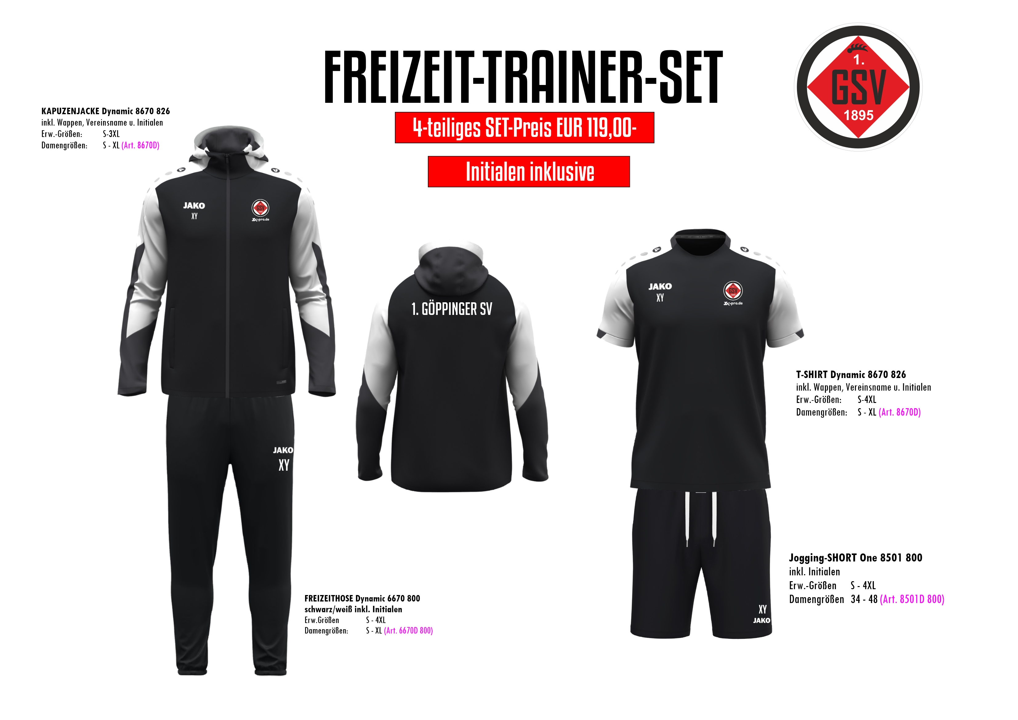 JAKO FREIZEIT-SET TRAINER inkl. Wappen Vereinsname und Initialen